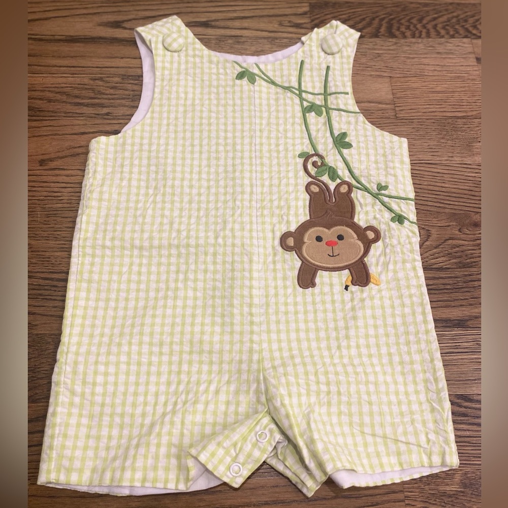 Zuccini Green & White Jon Jon w/ Monkey Appliqué Sz 18mo